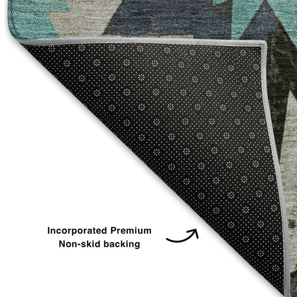 HomeRoots 8' X 10' Durable Black Gray Blue Diamond Area Rug - Washable, UV-Protected, Pet-Friendly Design 707171