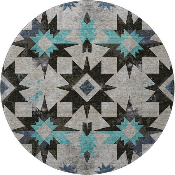 HomeRoots 8' X 10' Durable Black Gray Blue Diamond Area Rug - Washable, UV-Protected, Pet-Friendly Design 707171