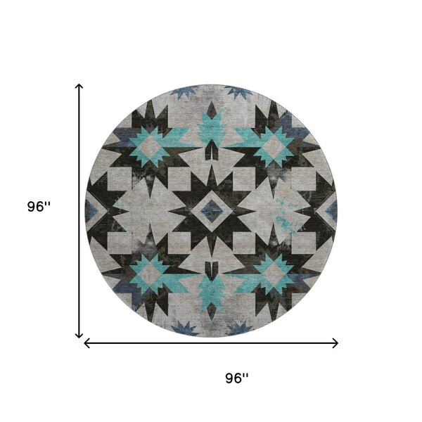 HomeRoots 8' X 10' Durable Black Gray Blue Diamond Area Rug - Washable, UV-Protected, Pet-Friendly Design 707171