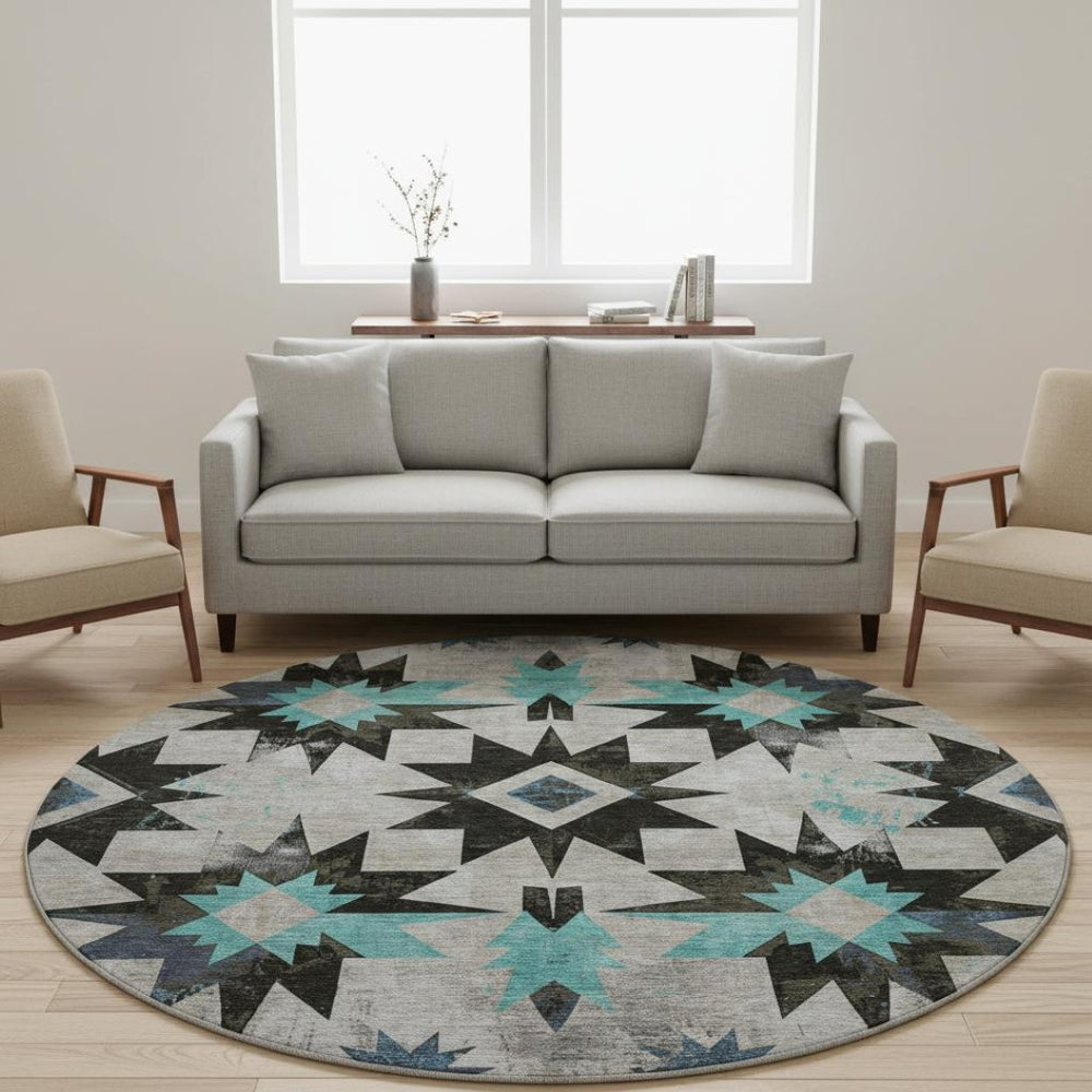 HomeRoots 8' X 10' Durable Black Gray Blue Diamond Area Rug - Washable, UV-Protected, Pet-Friendly Design 707171