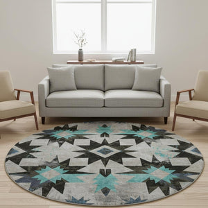 HomeRoots 8' X 10' Durable Black Gray Blue Diamond Area Rug - Washable, UV-Protected, Pet-Friendly Design 707171
