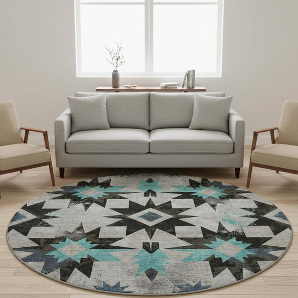HomeRoots 8' X 10' Durable Black Gray Blue Diamond Area Rug - Washable, UV-Protected, Pet-Friendly Design 707171