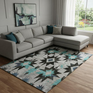 HomeRoots 9' X 12' Black Gray Blue Diamond Area Rug - Durable, Stain-Resistant, UV Protected for High-Traffic Homes 707172