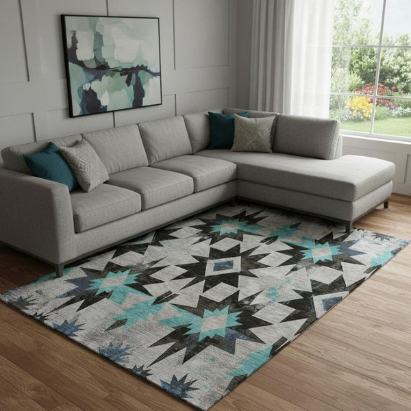 HomeRoots 9' X 12' Black Gray Blue Diamond Area Rug - Durable, Stain-Resistant, UV Protected for High-Traffic Homes 707172