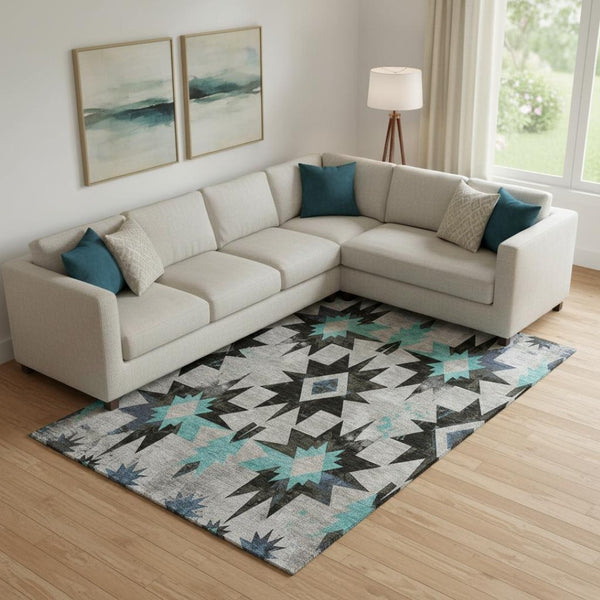 HomeRoots 10' X 14' Washable Diamond Area Rug in Black, Gray & Blue - UV Protected, Durable & Easy Care! 707173