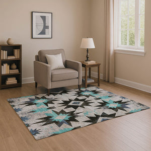HomeRoots 10' X 14' Washable Diamond Area Rug in Black, Gray & Blue - UV Protected, Durable & Easy Care! 707173