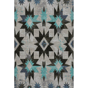 HomeRoots 10' X 14' Washable Diamond Area Rug in Black, Gray & Blue - UV Protected, Durable & Easy Care! 707173