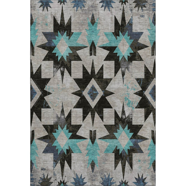 HomeRoots 10' X 14' Washable Diamond Area Rug in Black, Gray & Blue - UV Protected, Durable & Easy Care! 707173