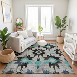 HomeRoots 10' X 14' Washable Diamond Area Rug in Black, Gray & Blue - UV Protected, Durable & Easy Care! 707173