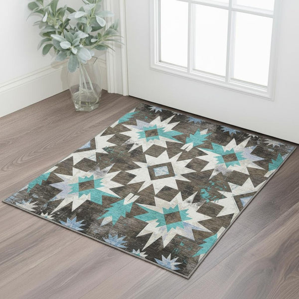 HomeRoots 5' X 8' Diamond Washable Area Rug in Brown, Blue & Ivory - UV Protected, Stain-Resistant Style! 707175