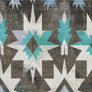 HomeRoots 5' X 8' Diamond Washable Area Rug in Brown, Blue & Ivory - UV Protected, Stain-Resistant Style! 707175