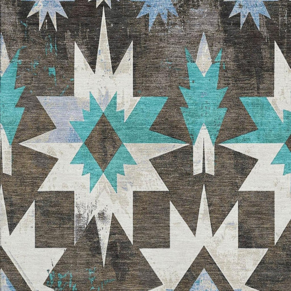 HomeRoots 5' X 8' Diamond Washable Area Rug in Brown, Blue & Ivory - UV Protected, Stain-Resistant Style! 707175