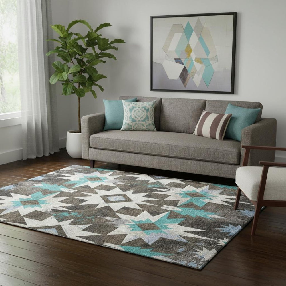 HomeRoots 8' Diamond Washable Round Rug in Brown, Blue & Ivory - UV Protected, Stain-Resistant, Durable Design 707176