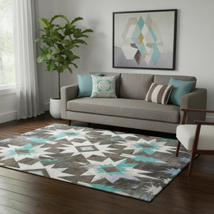 HomeRoots 8' Diamond Washable Round Rug in Brown, Blue & Ivory - UV Protected, Stain-Resistant, Durable Design 707176