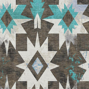 HomeRoots 8' Diamond Washable Round Rug in Brown, Blue & Ivory - UV Protected, Stain-Resistant, Durable Design 707176