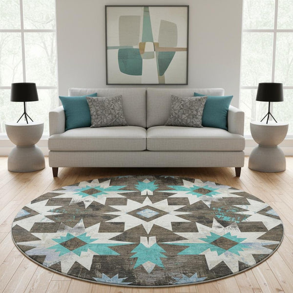 HomeRoots 8' X 10' Washable Diamond Area Rug in Brown, Blue & Ivory – Durable, Stain Resistant & UV Protected! 707177