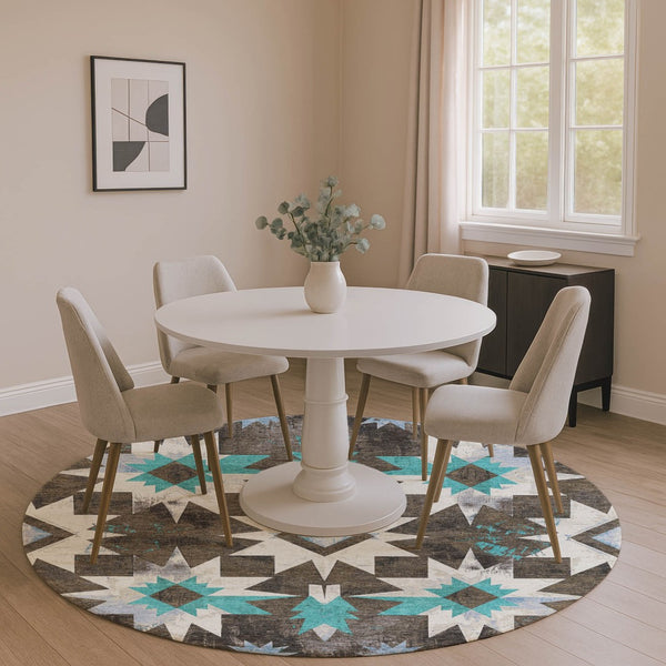 HomeRoots 8' X 10' Washable Diamond Area Rug in Brown, Blue & Ivory – Durable, Stain Resistant & UV Protected! 707177