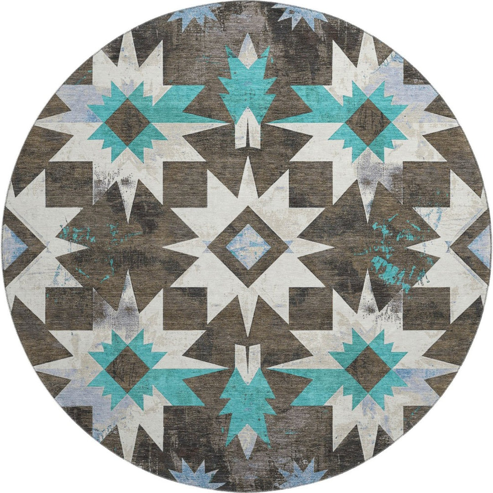 HomeRoots 8' X 10' Washable Diamond Area Rug in Brown, Blue & Ivory – Durable, Stain Resistant & UV Protected! 707177