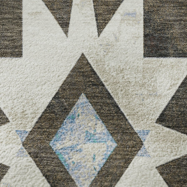 HomeRoots 8' X 10' Washable Diamond Area Rug in Brown, Blue & Ivory – Durable, Stain Resistant & UV Protected! 707177
