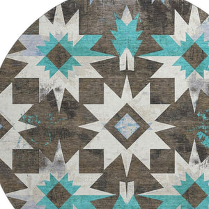 HomeRoots 8' X 10' Washable Diamond Area Rug in Brown, Blue & Ivory – Durable, Stain Resistant & UV Protected! 707177