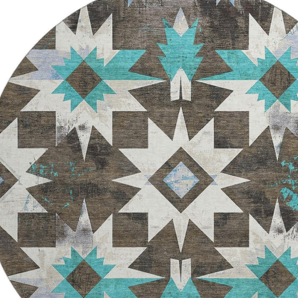 HomeRoots 8' X 10' Washable Diamond Area Rug in Brown, Blue & Ivory – Durable, Stain Resistant & UV Protected! 707177