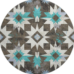 HomeRoots 8' X 10' Washable Diamond Area Rug in Brown, Blue & Ivory – Durable, Stain Resistant & UV Protected! 707177