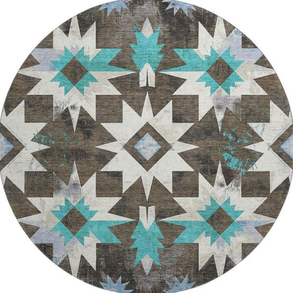 HomeRoots 8' X 10' Washable Diamond Area Rug in Brown, Blue & Ivory – Durable, Stain Resistant & UV Protected! 707177