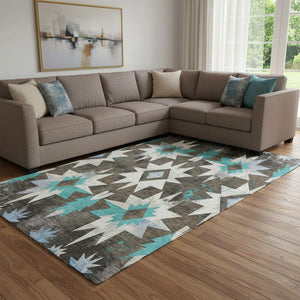 HomeRoots 9' X 12' Stylish Diamond Area Rug in Brown, Blue, Ivory - Washable, UV Protected & Stain Resistant 707178