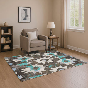 HomeRoots 9' X 12' Stylish Diamond Area Rug in Brown, Blue, Ivory - Washable, UV Protected & Stain Resistant 707178