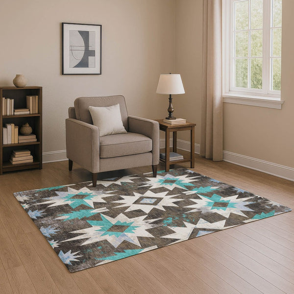 HomeRoots 9' X 12' Stylish Diamond Area Rug in Brown, Blue, Ivory - Washable, UV Protected & Stain Resistant 707178