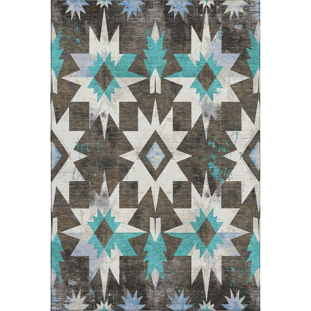 HomeRoots 9' X 12' Stylish Diamond Area Rug in Brown, Blue, Ivory - Washable, UV Protected & Stain Resistant 707178
