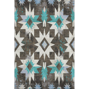 HomeRoots 9' X 12' Stylish Diamond Area Rug in Brown, Blue, Ivory - Washable, UV Protected & Stain Resistant 707178