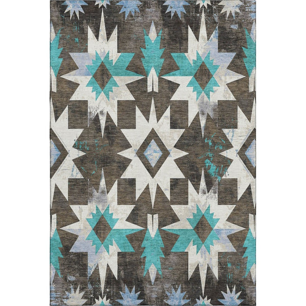 HomeRoots 9' X 12' Stylish Diamond Area Rug in Brown, Blue, Ivory - Washable, UV Protected & Stain Resistant 707178
