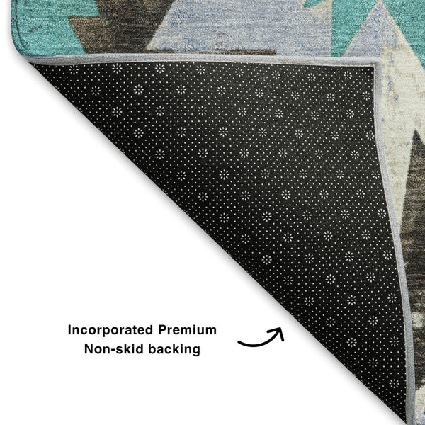 HomeRoots 9' X 12' Stylish Diamond Area Rug in Brown, Blue, Ivory - Washable, UV Protected & Stain Resistant 707178