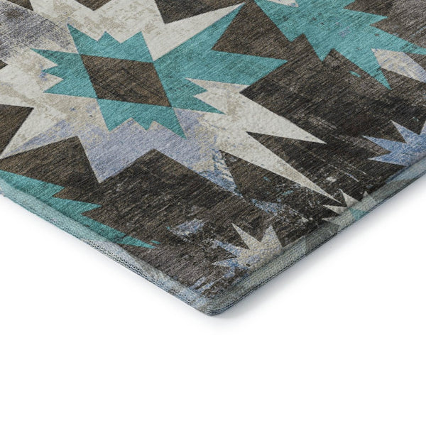 HomeRoots 9' X 12' Stylish Diamond Area Rug in Brown, Blue, Ivory - Washable, UV Protected & Stain Resistant 707178