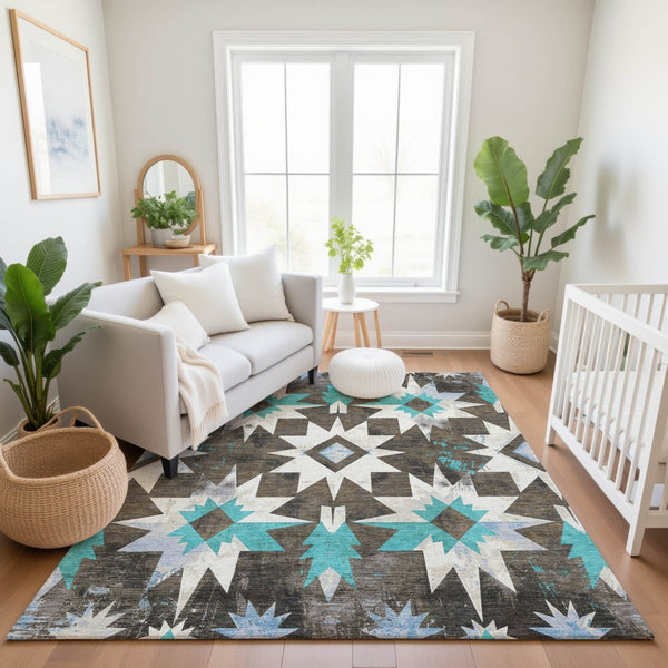HomeRoots 9' X 12' Stylish Diamond Area Rug in Brown, Blue, Ivory - Washable, UV Protected & Stain Resistant 707178