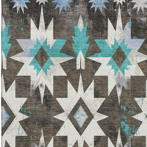 HomeRoots 9' X 12' Stylish Diamond Area Rug in Brown, Blue, Ivory - Washable, UV Protected & Stain Resistant 707178