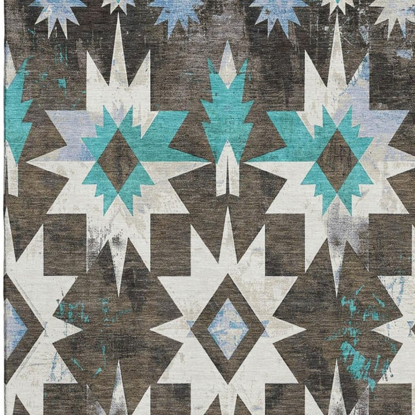 HomeRoots 9' X 12' Stylish Diamond Area Rug in Brown, Blue, Ivory - Washable, UV Protected & Stain Resistant 707178
