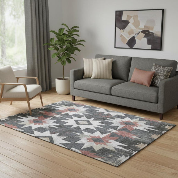 HomeRoots 8' Charcoal, Rust, and Ivory Diamond Round Washable Rug with UV Protection for High-Traffic Areas 707182