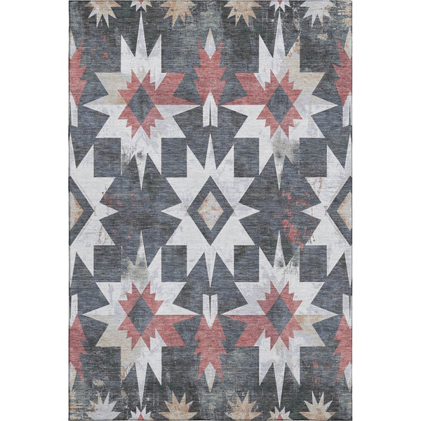 HomeRoots 8' Charcoal, Rust, and Ivory Diamond Round Washable Rug with UV Protection for High-Traffic Areas 707182