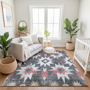 HomeRoots 9' X 12' Charcoal Rust Ivory Diamond Rug - Durable, Washable, UV-Protected for High-Traffic Areas 707184