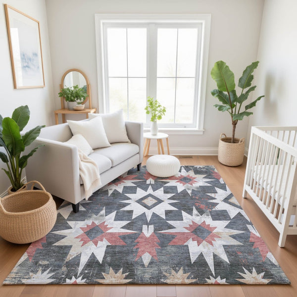 HomeRoots 9' X 12' Charcoal Rust Ivory Diamond Rug - Durable, Washable, UV-Protected for High-Traffic Areas 707184
