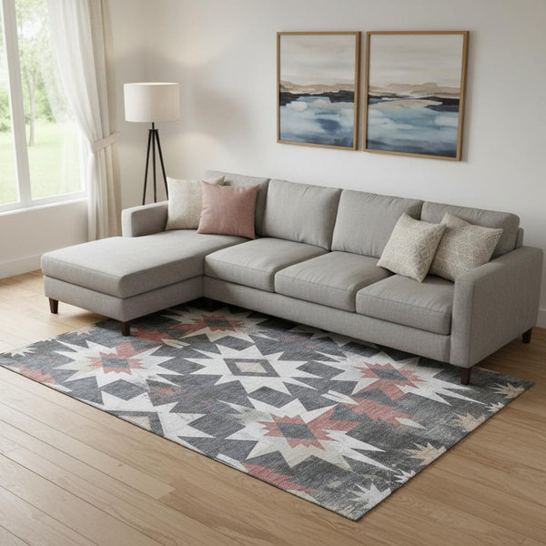HomeRoots 10' X 14' Stylish Charcoal, Rust & Ivory Diamond Area Rug - Washable, UV-Resistant, Durable Design 707185