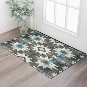 HomeRoots 5' X 8' Coffee Blue & Ivory Diamond Washable Area Rug - Durable, UV Protected, Pet-Friendly Style 707187