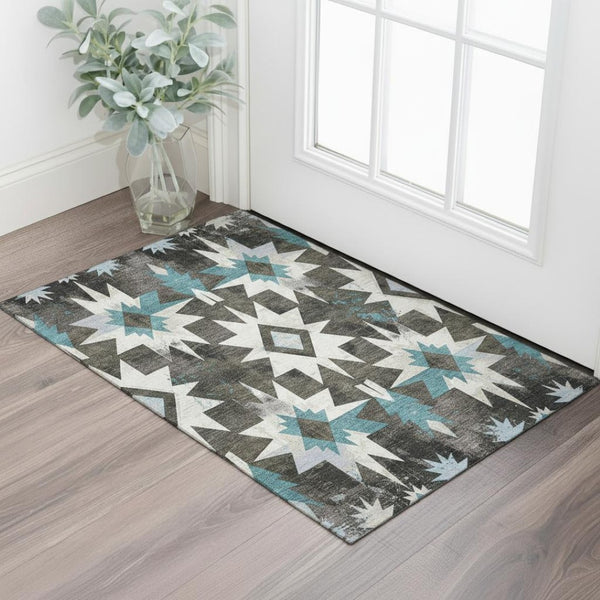 HomeRoots 5' X 8' Coffee Blue & Ivory Diamond Washable Area Rug - Durable, UV Protected, Pet-Friendly Style 707187