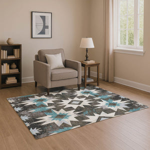 HomeRoots 5' X 8' Coffee Blue & Ivory Diamond Washable Area Rug - Durable, UV Protected, Pet-Friendly Style 707187