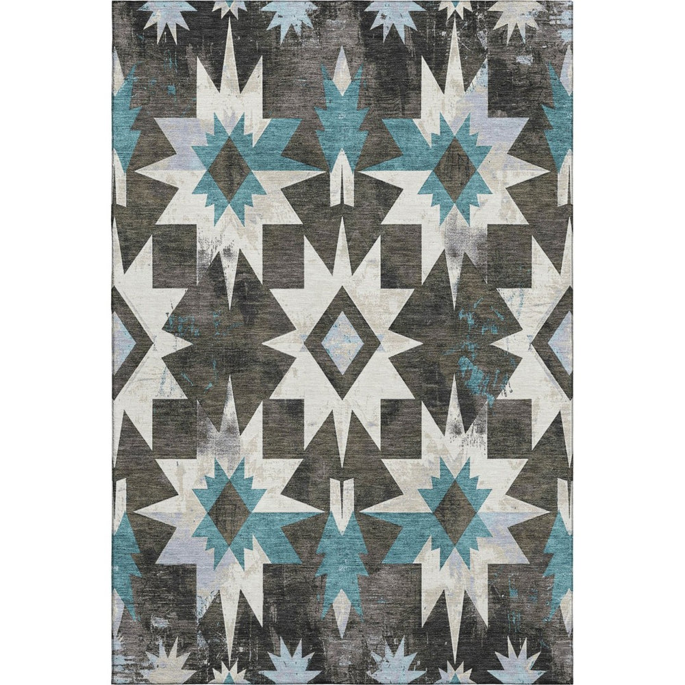 HomeRoots 5' X 8' Coffee Blue & Ivory Diamond Washable Area Rug - Durable, UV Protected, Pet-Friendly Style 707187
