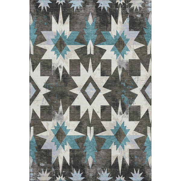HomeRoots 5' X 8' Coffee Blue & Ivory Diamond Washable Area Rug - Durable, UV Protected, Pet-Friendly Style 707187