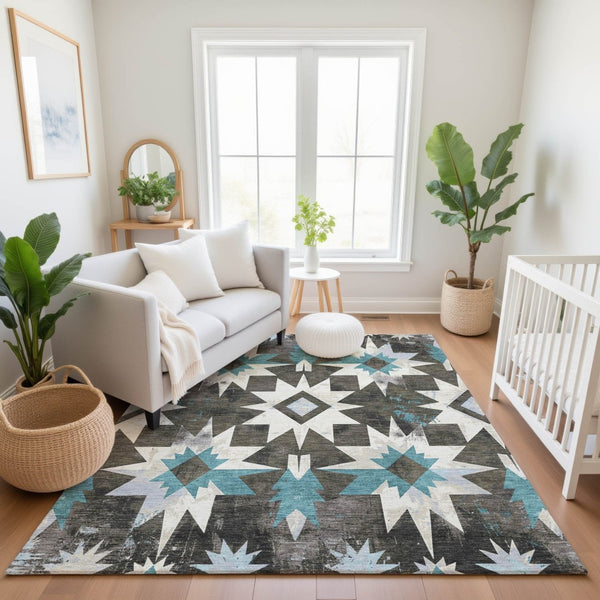 HomeRoots 5' X 8' Coffee Blue & Ivory Diamond Washable Area Rug - Durable, UV Protected, Pet-Friendly Style 707187