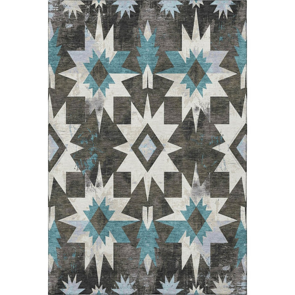 HomeRoots 5' X 8' Coffee Blue & Ivory Diamond Washable Area Rug - Durable, UV Protected, Pet-Friendly Style 707187